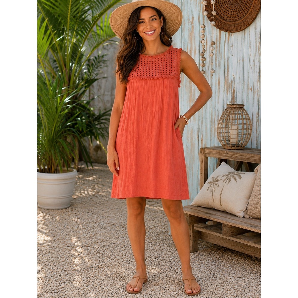 Tommy Bahama Crinkle Rayon Dress Womens Small Orange Sleeveless Resort Beach